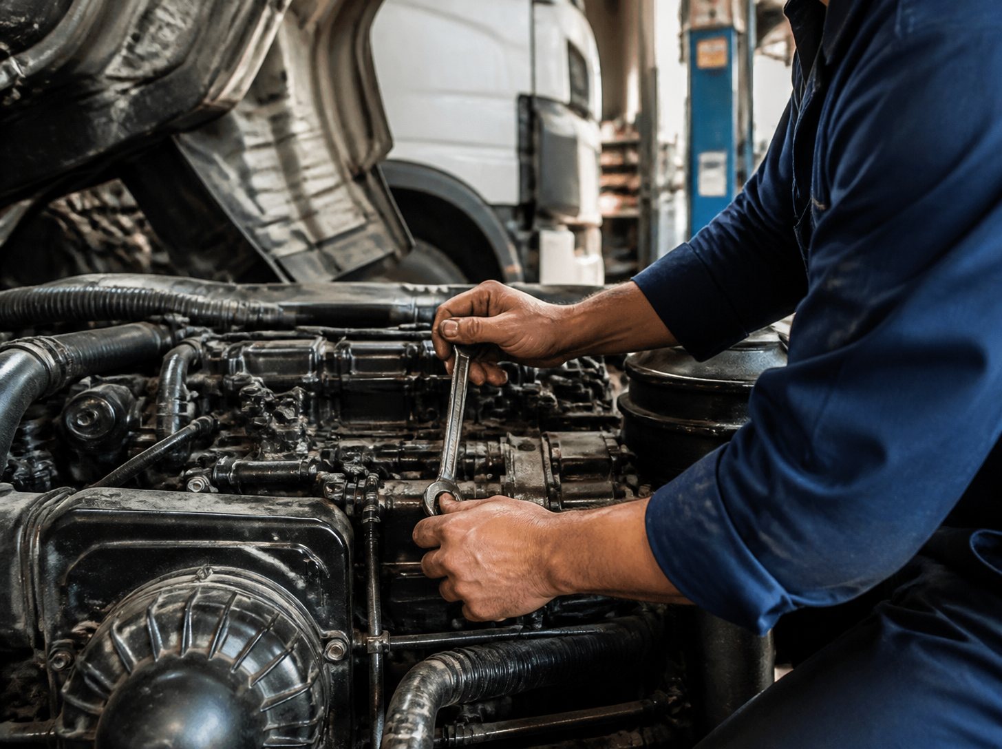 Mechanik dotahuje šroub na motoru nákladního vozu